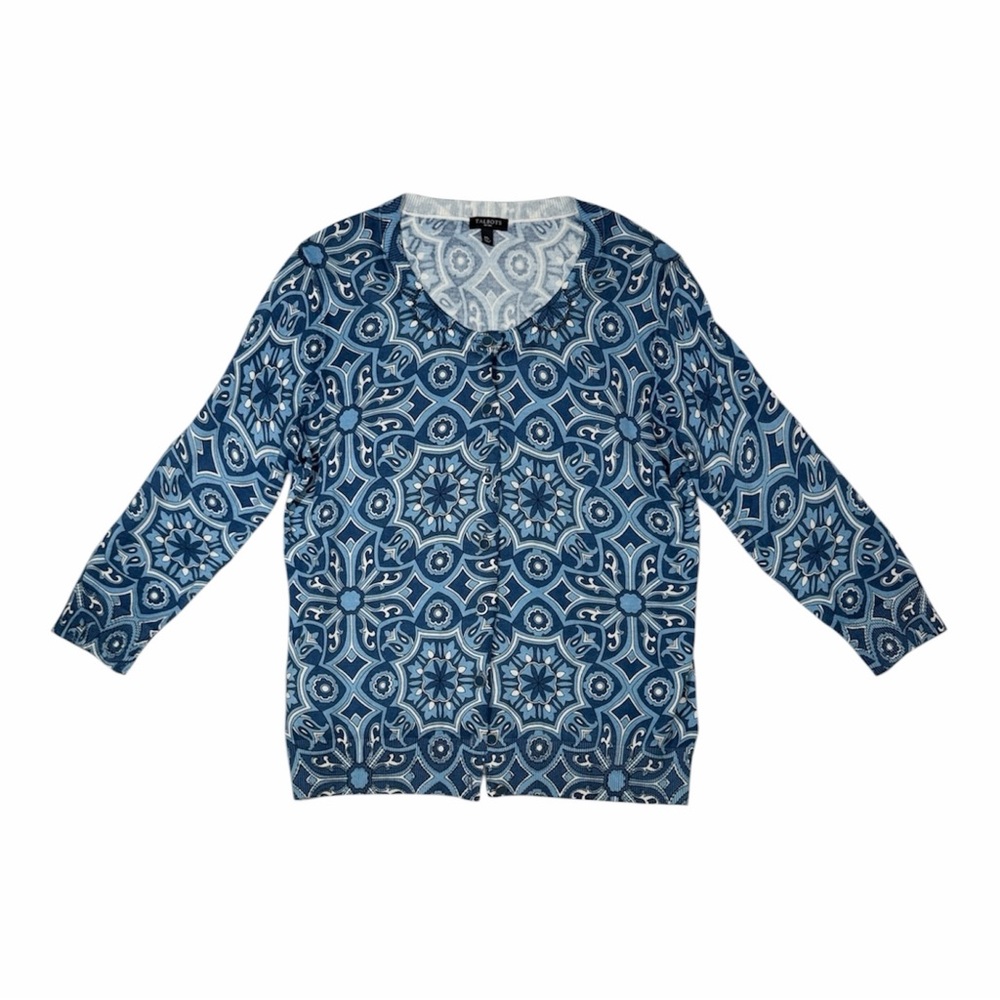 Talbots Blue and White Geometric Button Cardigan